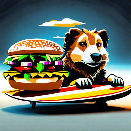 hamburger, lion, raccoon, dog, surfboard, cow, meteor, laptop, cabin, medal