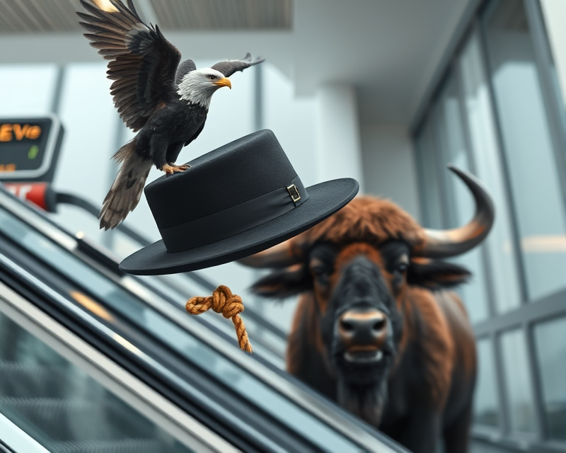 hat, eagle, escalator, rope, buffalo