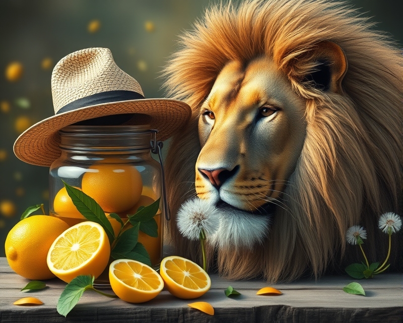 hat, lemon, lion, jar, dandelion