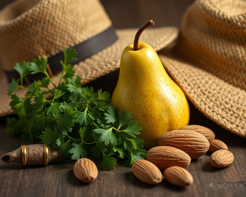 hat, parsley, bracelet, pear, almond