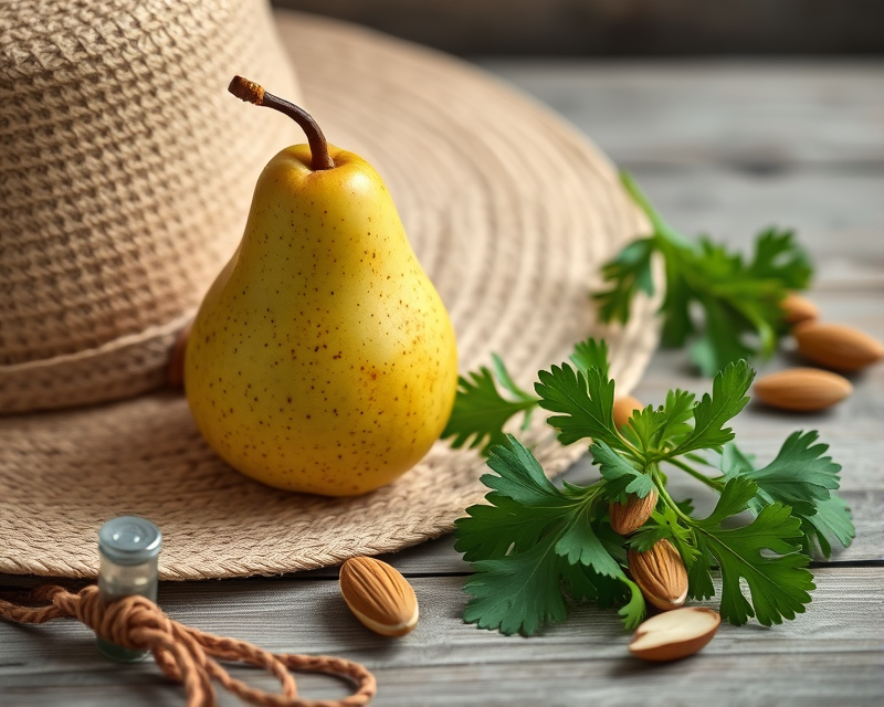 hat, pear, bracelet, parsley, almond