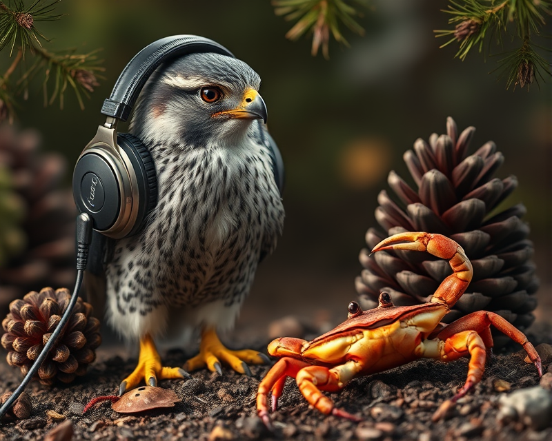 headphones, falcon, pinecone, crab