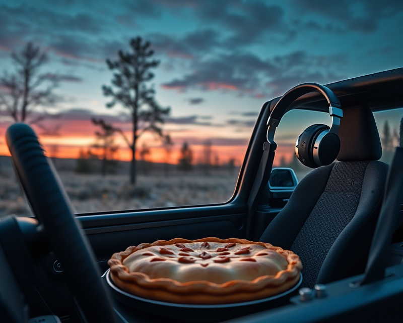 headphones, jeep, pie