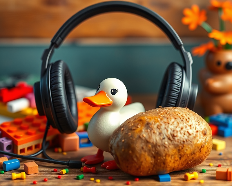 headphones, lego, duck, potato, boot, gingerbread