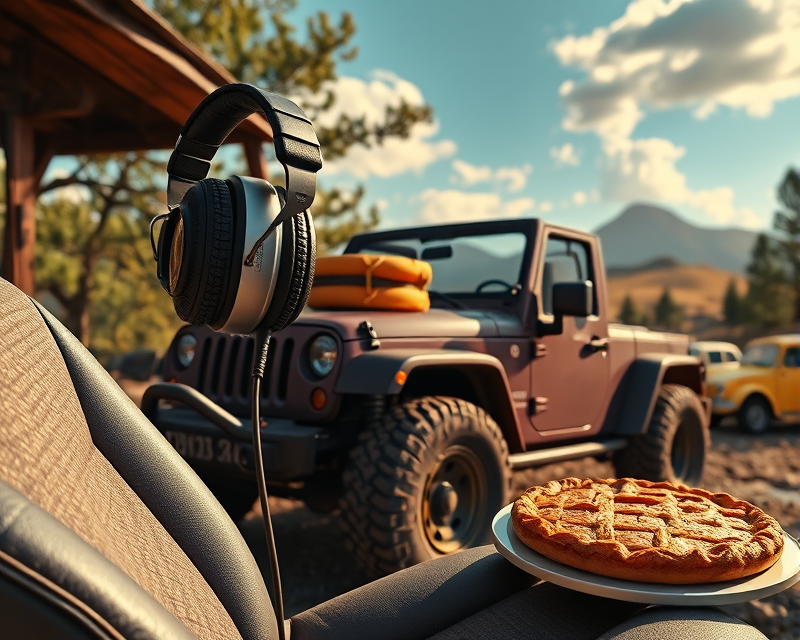 headphones, pie, jeep