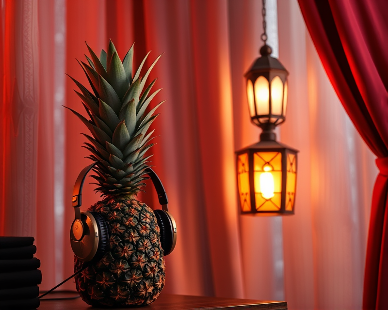 headphones, pineapple, lantern, curtain