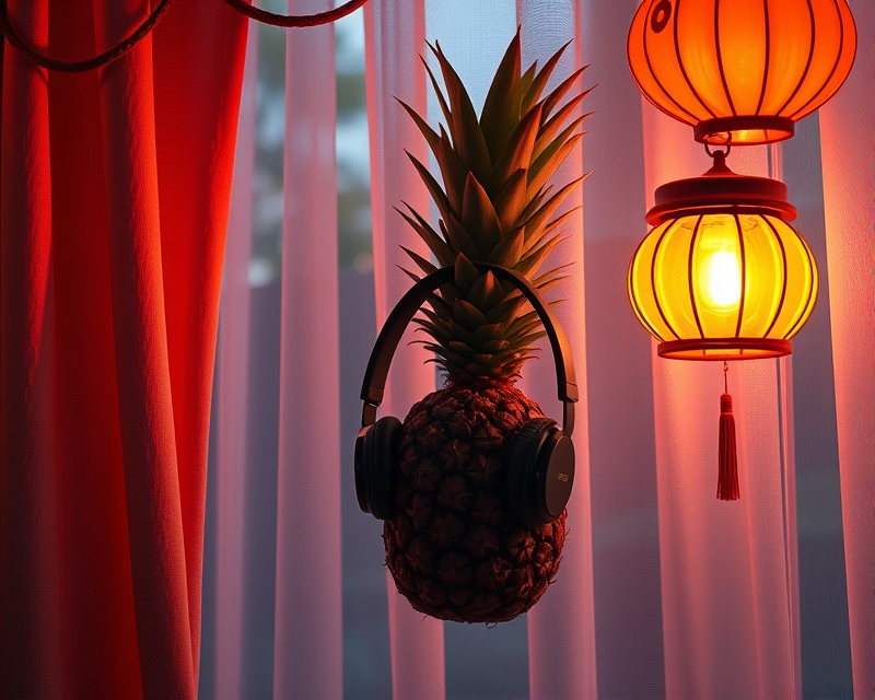 headphones, pineapple, lantern, curtain