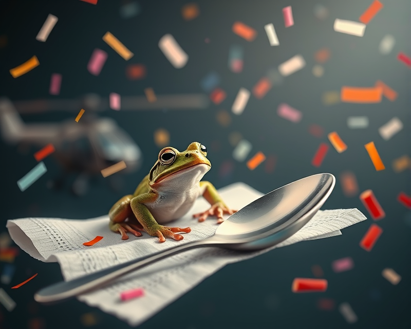 helicopter, frog, napkin, spoon, confetti