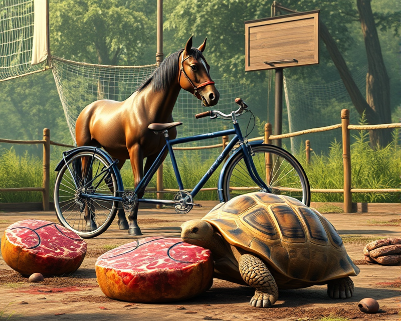 horse, bicycle, steak, tortoise, basketball