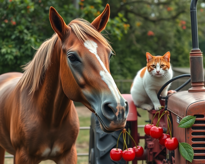 horse, cigarette, cat, cherry, tractor