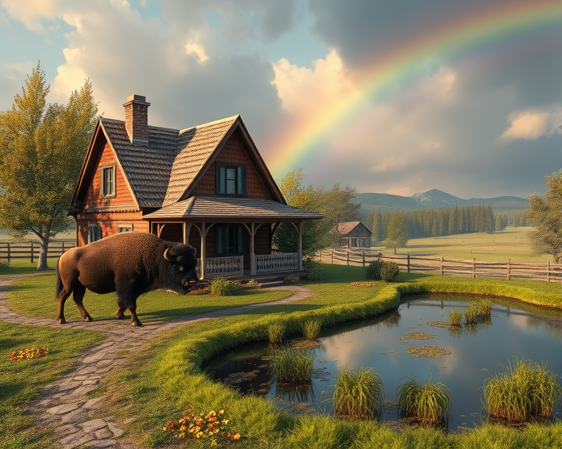 house, pecan, pepper, bison, doll, rainbow, pond