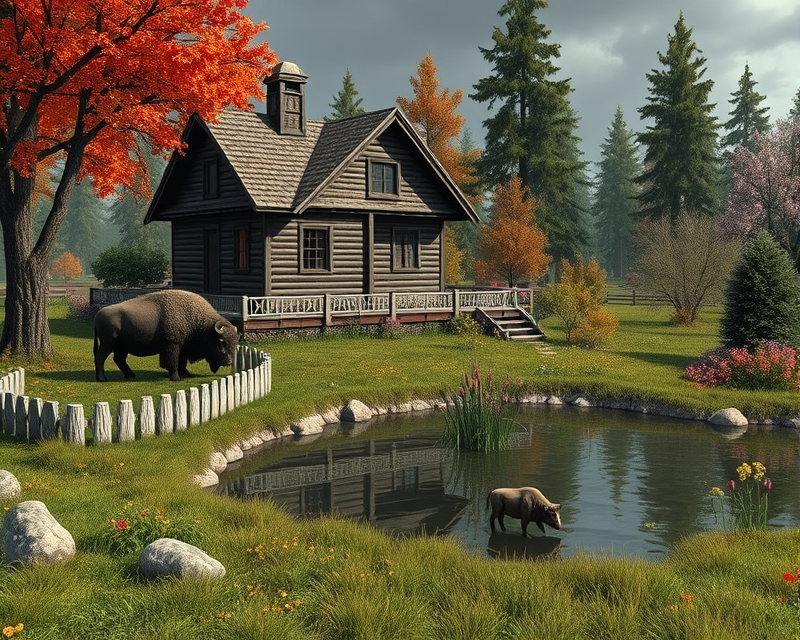 house, pecan, pepper, bison, doll, rainbow, pond