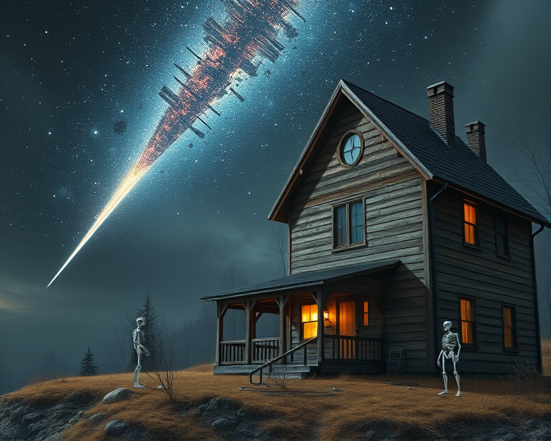 house, skeleton, meteor