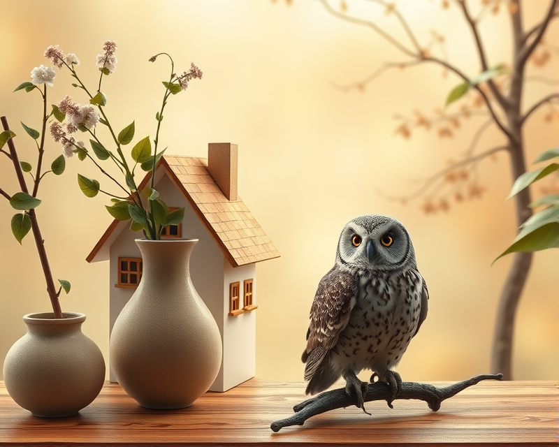 house, vase, owl