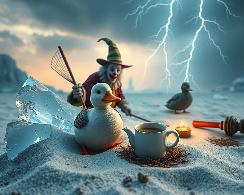 ice, sand, lightning, necklace, coffee, duck, clown, witch, anteater