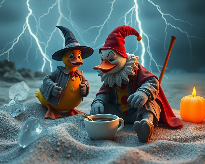 ice, sand, lightning, necklace, coffee, duck, clown, witch, anteater