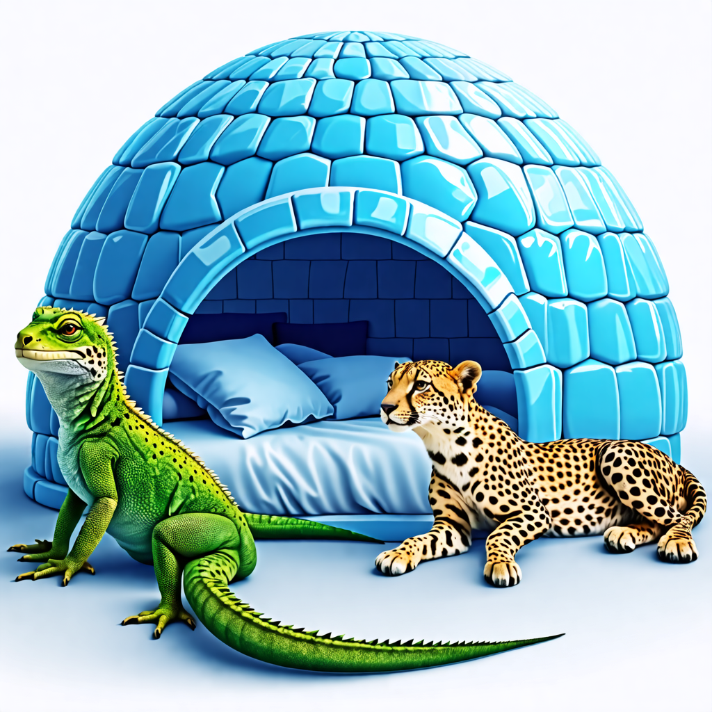 igloo, bed, lizard, cheetah