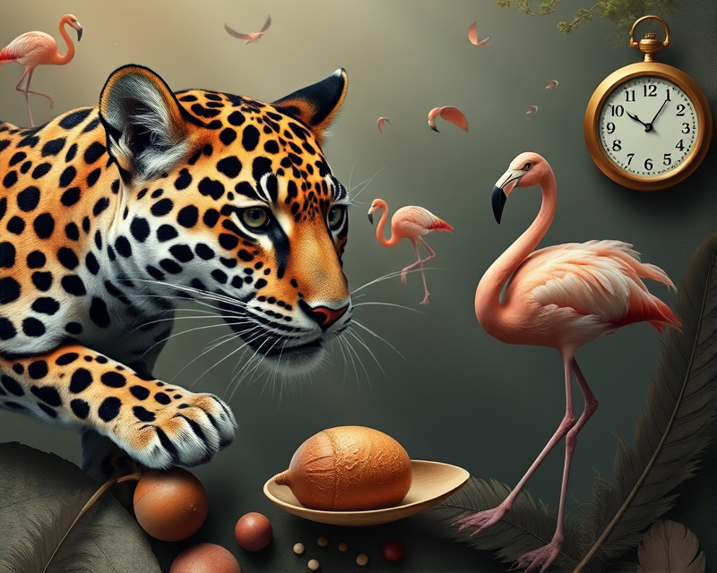 jaguar, acorn, spoon, flamingo, clock, feather