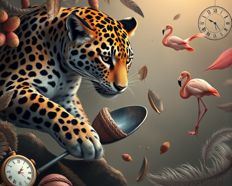 jaguar, acorn, spoon, flamingo, clock, feather