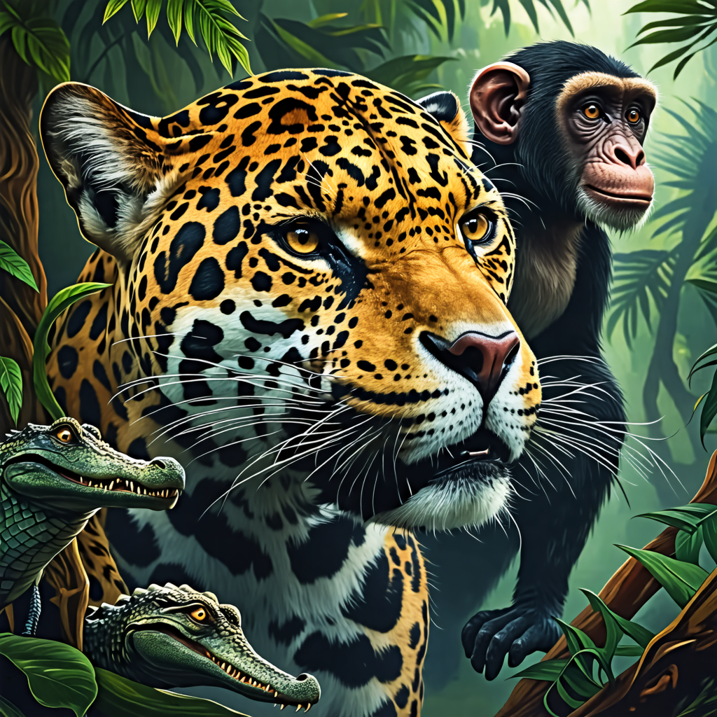 jaguar, monkey, sword, crocodile