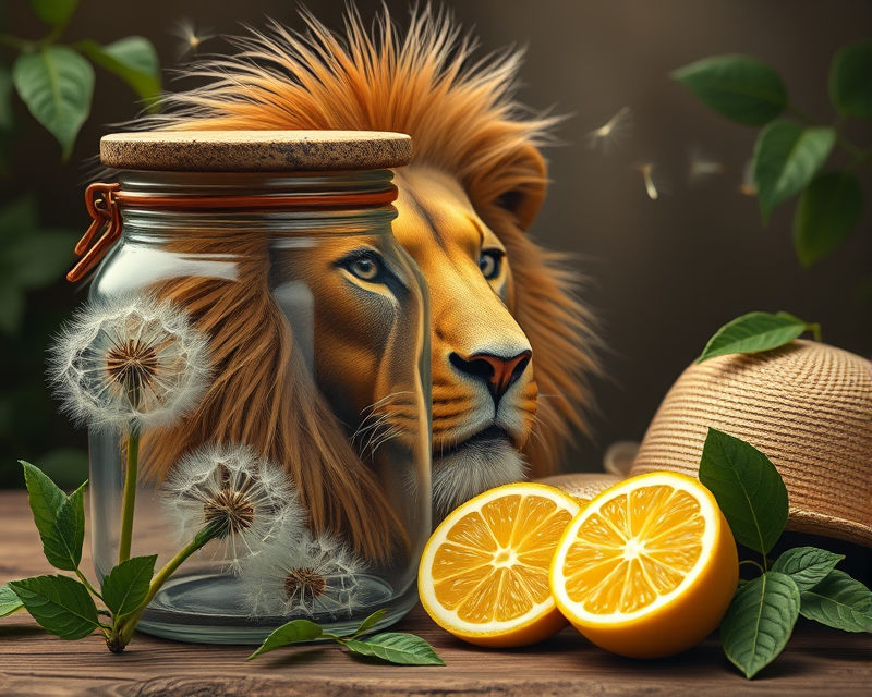 jar, dandelion, lion, hat, lemon