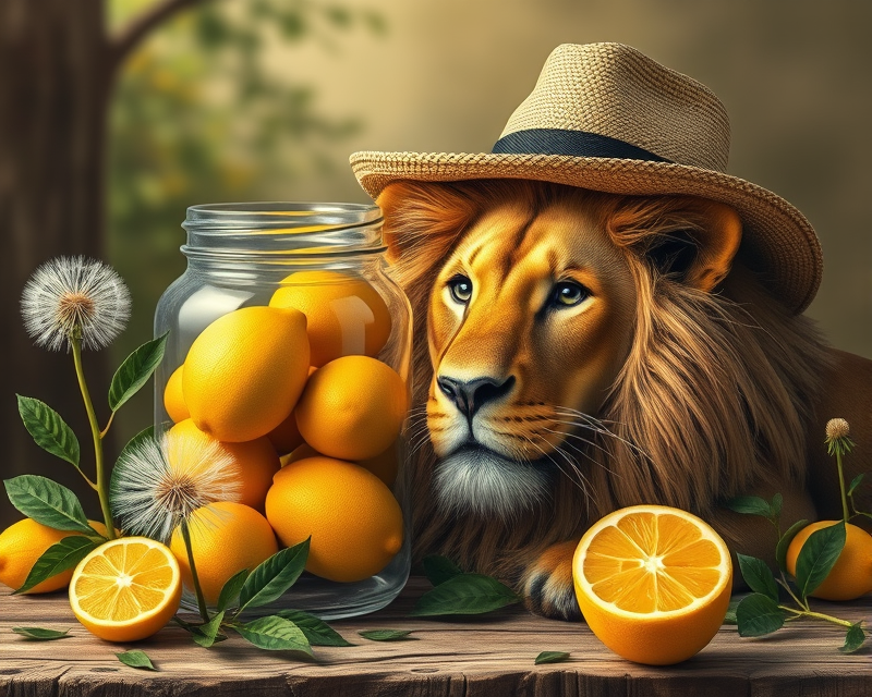 jar, lemon, lion, dandelion, hat