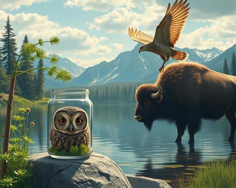 jar, parsley, buffalo, owl, lake