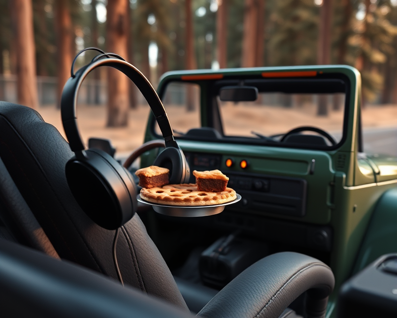 jeep, headphones, pie