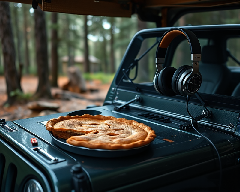 jeep, headphones, pie