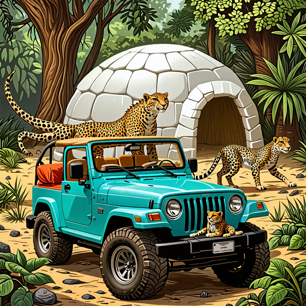 jeep, lizard, bed, igloo, cheetah