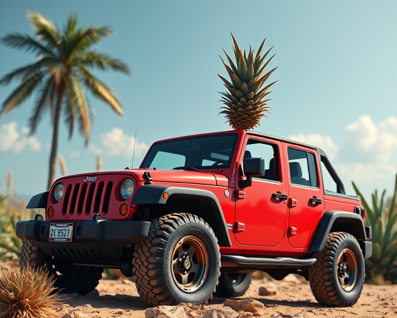 jeep, red, pineapple