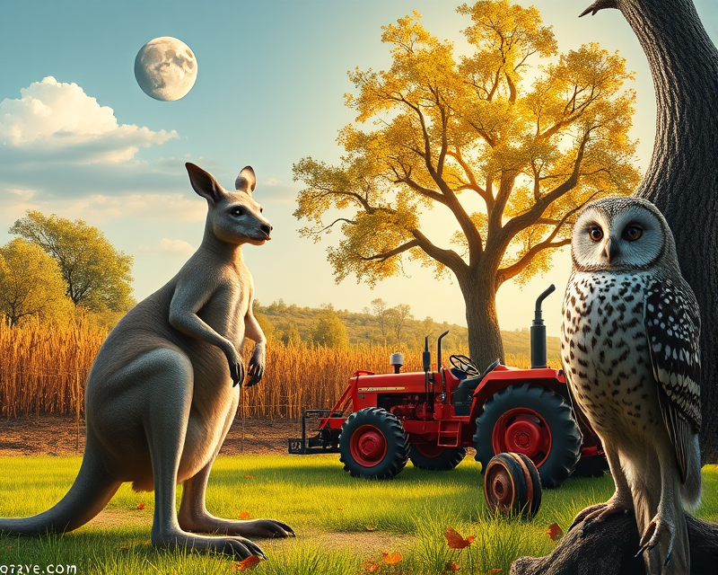 kangaroo, circle, tree, owl, tractor