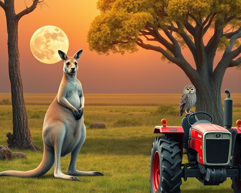 kangaroo, circle, tree, owl, tractor