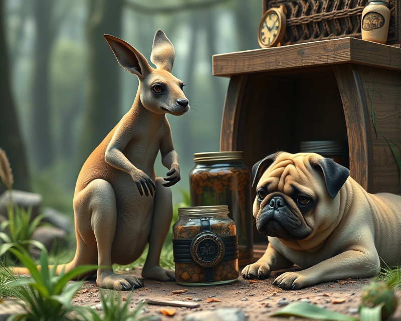 kangaroo, jar, coffin, pug