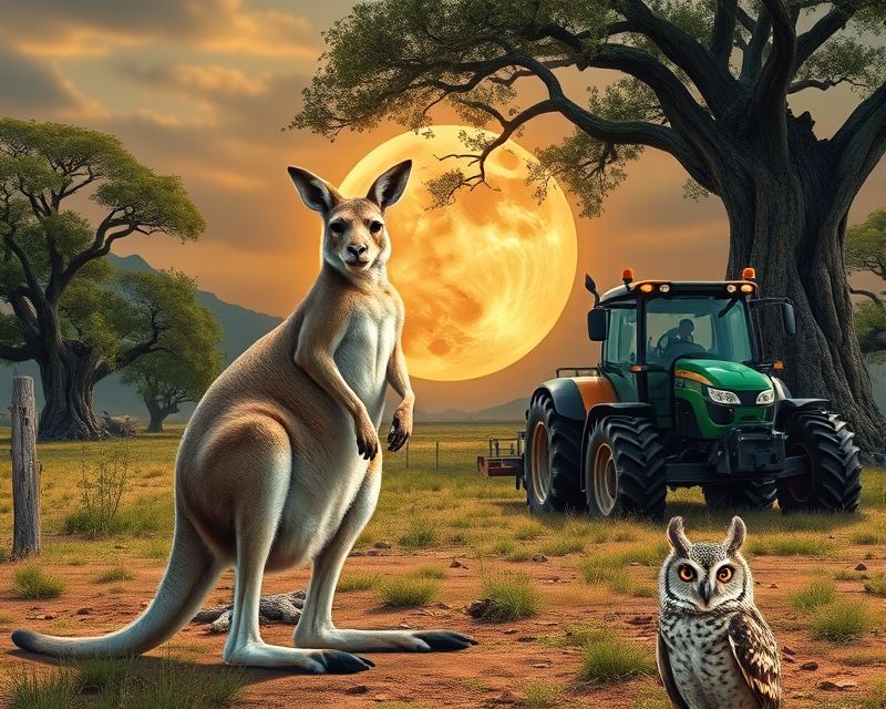 kangaroo, owl, circle, tree, tractor