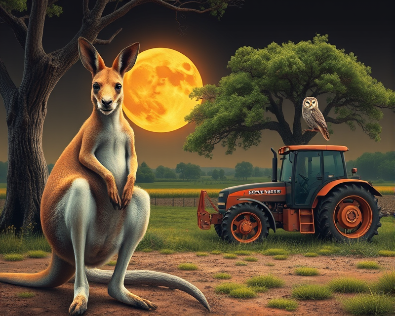 kangaroo, owl, tractor, tree, circle