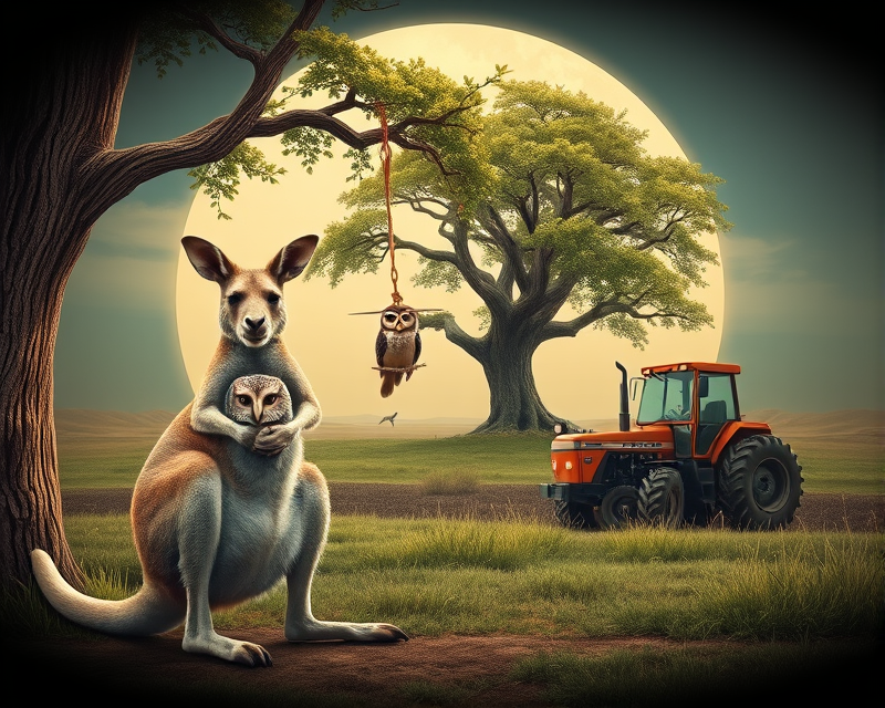 kangaroo, owl, tree, tractor, circle