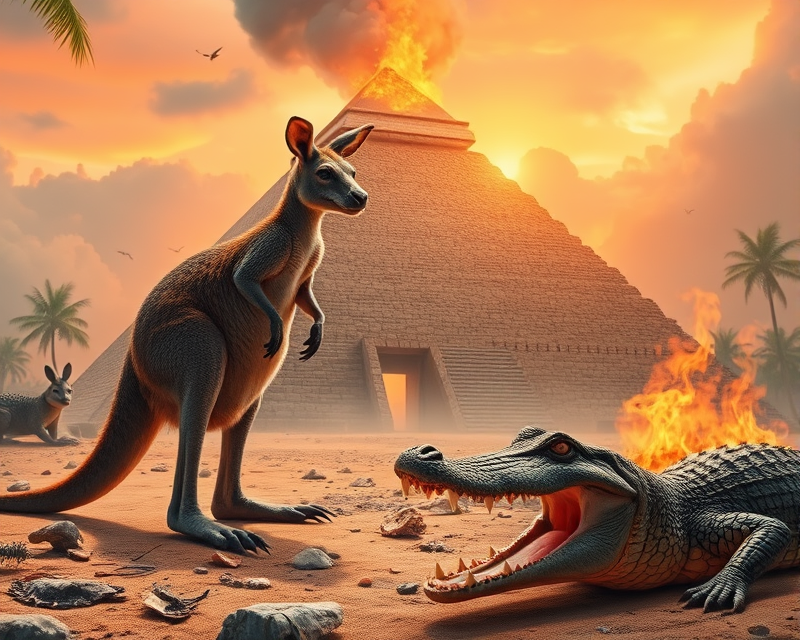 kangaroo, pyramid, seashell, fire, alligator