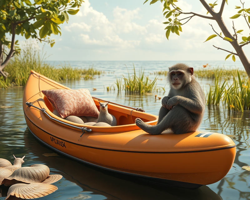 kayak, peach, cushion, snail, monkey