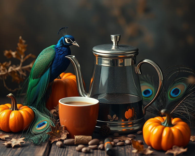 kettle, halloween, peacock, feather, coffee