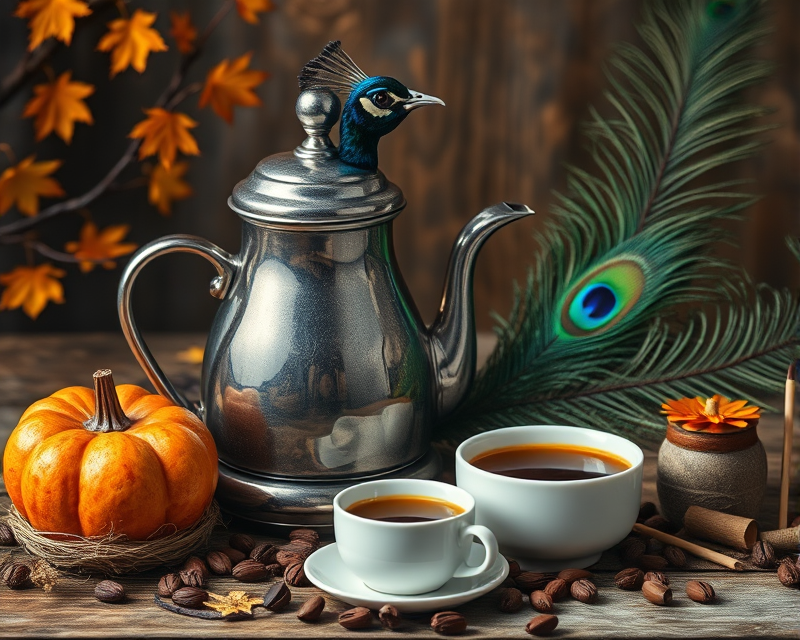 kettle, halloween, peacock, feather, coffee