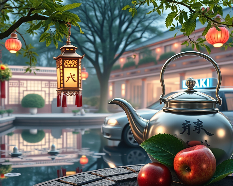 kettle, lantern, pond, taxi, apple