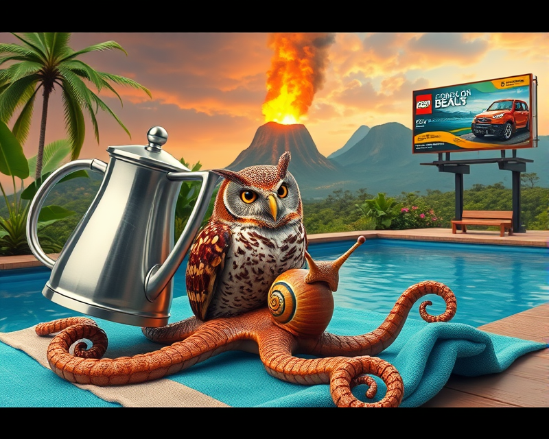 kettle, owl, snail, octopus, pool, towel, lego, volcano, billboard