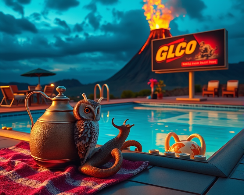 kettle, owl, snail, octopus, pool, towel, lego, volcano, billboard