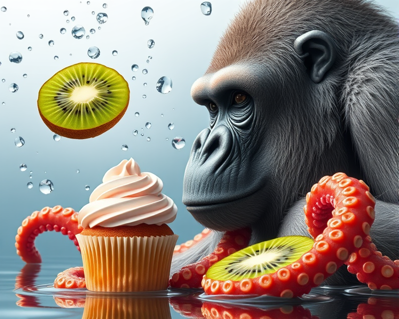 kiwi, cupcake, octopus, gorilla, water