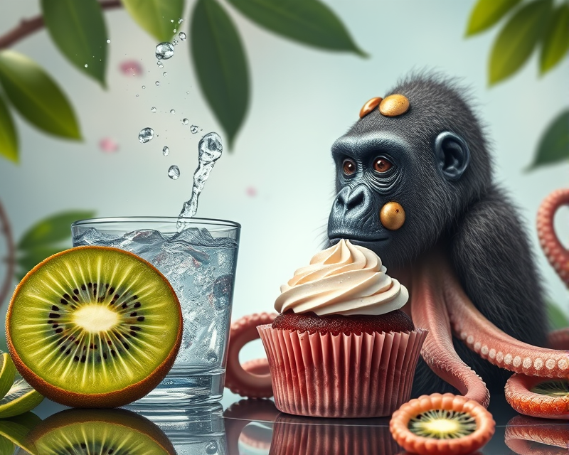 kiwi, water, gorilla, octopus, cupcake