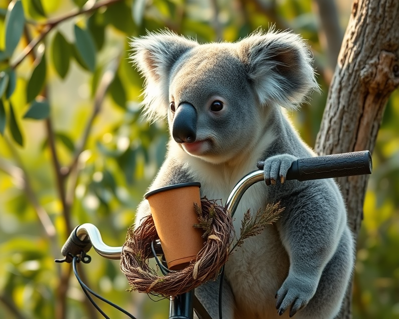 koala, bicycle, cup, wreath