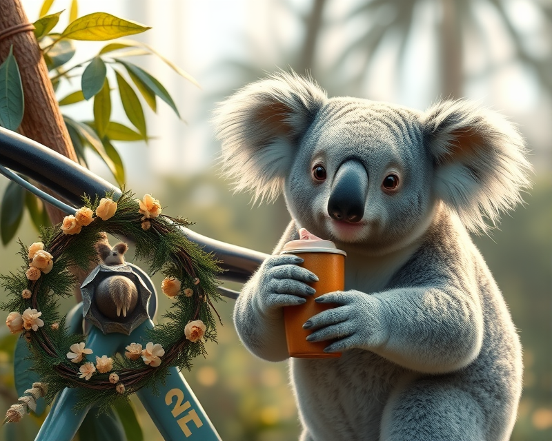 koala, bicycle, cup, wreath