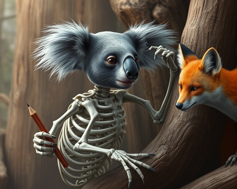 koala, skeleton, pencil, fox, wood