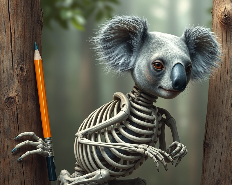 koala, skeleton, pencil, fox, wood